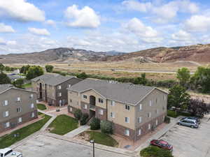 Bird's eye view of a mountainous background
