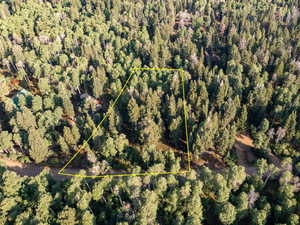 Aerial view of property and surrounding area featuring property boundaries highlighted