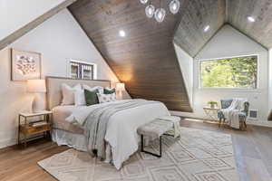 Bedroom featuring wood finished floors, recessed lighting, lofted ceiling, and wood ceiling