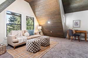 Sitting room featuring wooden walls, wooden ceiling, carpet floors, and vaulted ceiling