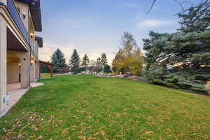 Yard at dusk with a lawn and a patio
