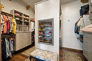 Walk in closet with dark wood finished floors