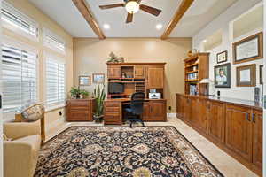 Office area featuring ceiling fan, beam ceiling, recessed lighting, and light tile patterned floors