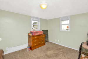 Bedroom featuring a textured ceiling and carpet