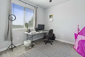 Office featuring light colored carpet and baseboards