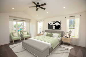 Master suite with lofted ceiling, recessed lighting, and ceiling fan - Virtual Staging.