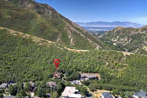 Aerial overview of property's location featuring mountains and a forest