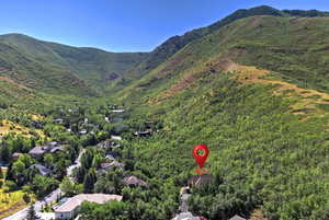 Aerial view of a heavily wooded area