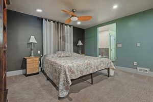 Bedroom with carpet, recessed lighting, and ceiling fan