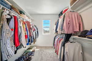Walk in closet featuring light colored carpet