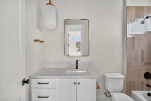 Full bathroom featuring vanity and washtub / shower combination