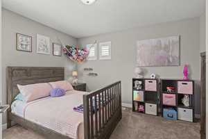 Carpeted bedroom featuring baseboards and a textured ceiling