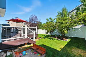 Fenced backyard with a deck