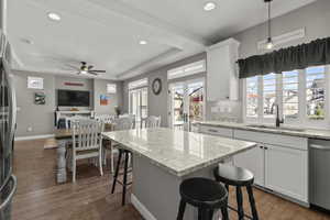 Kitchen featuring white cabinetry, a tray ceiling, dark wood finished floors, and recessed lighting