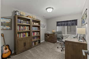 Office space with light carpet and a textured ceiling