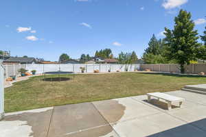 Fenced backyard featuring a patio and a trampoline