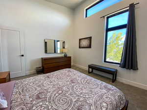 Carpeted bedroom with baseboards and a towering ceiling
