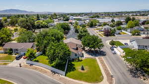 Aerial perspective of suburban area with mountains