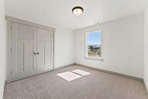 Unfurnished bedroom featuring carpet floors and a closet