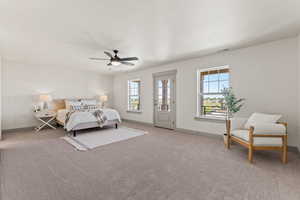 Bedroom with light colored carpet, access to outside, multiple windows, and ceiling fan