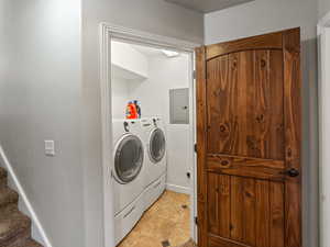 Laundry area with washer and clothes dryer and electric panel