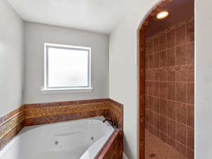 Bathroom with a jetted tub and separate tile shower
