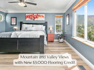 Bedroom featuring multiple windows, a ceiling fan, and light wood-type flooring