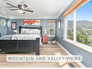 Bedroom with wood finished floors, ornamental molding, a textured ceiling, and a ceiling fan