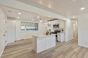 Kitchen with white cabinets, appliances with stainless steel finishes, a center island with sink, pendant lighting, and light wood-type flooring