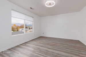 Unfurnished bedroom with light wood finished floors and a mountain view
