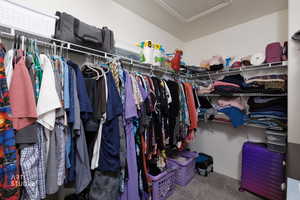Walk in closet featuring light colored carpet, water heater, and attic access
