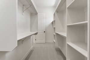 Walk in closet featuring light colored carpet
