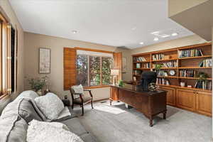 Main Floor Bedroom (or use it as your office with custom built ins) with plantation shutters and amazing valley views!