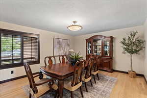 Dining space is a large space sized to fit your dining table and hutch. Large window with plantation shutters.