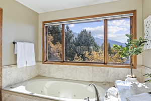 Ensuite Primary Bathroom featuring a garden tub, and wow that mountain view!