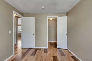 Unfurnished bedroom with light wood finished floors, a textured ceiling, and a walk in closet
