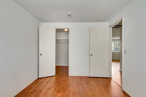 Unfurnished bedroom with light wood-style floors, a textured ceiling, and a spacious closet