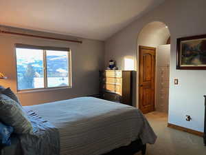 Bedroom featuring vaulted ceiling and carpet
