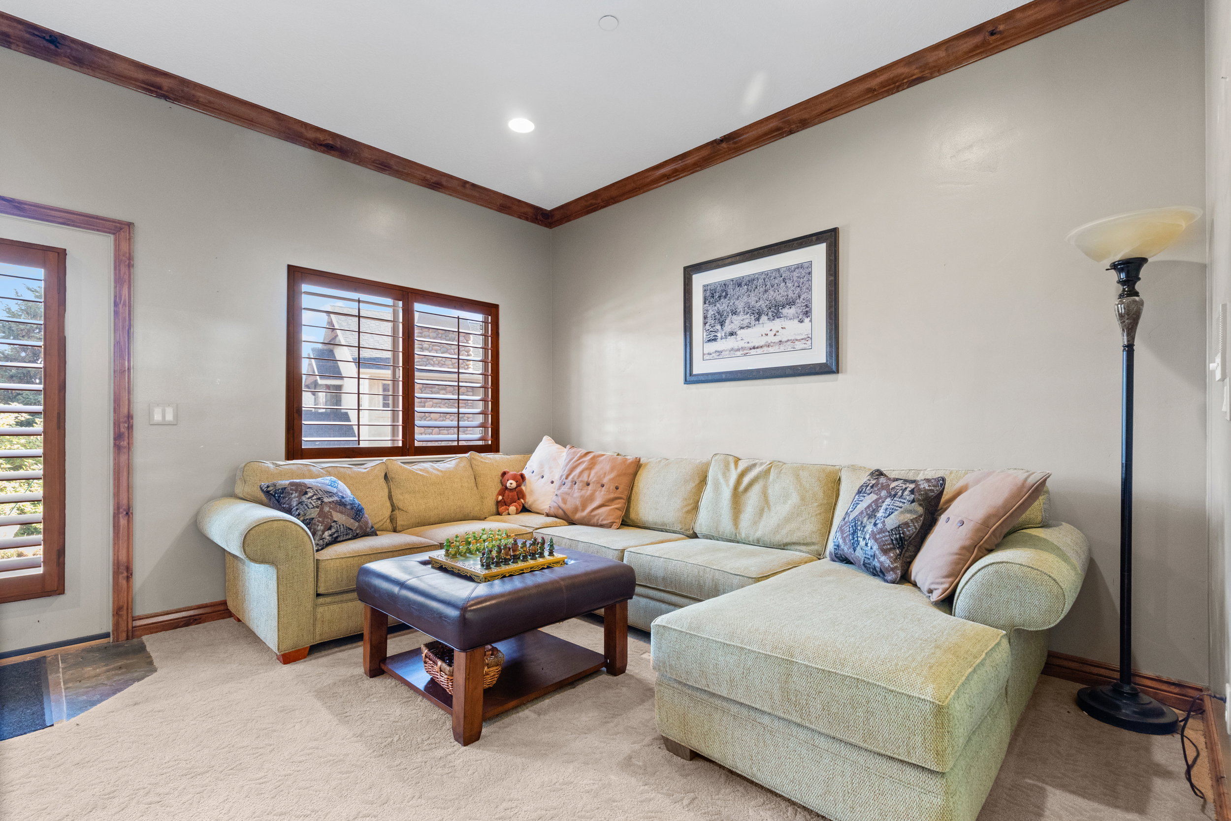 Living room featuring crown molding and light colored carpet