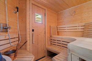 Sauna inside main level primary suite with additional exit to hot tub deck.