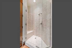 Large tiled shower in lower level bathroom.