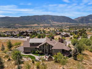 Aerial view of residential area with a mountain backdrop