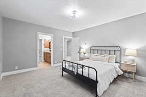 Bedroom featuring light colored carpet, a textured ceiling, and connected bathroom