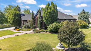 View of front of house featuring a front yard and roof with shingles