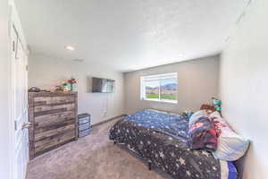 Carpeted bedroom featuring recessed lighting and a textured ceiling