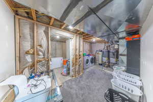 Laundry room featuring washer and clothes dryer, water softener and two secured water heaters