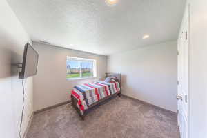 Carpeted bedroom featuring recessed lighting and a textured ceiling