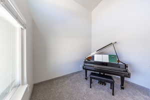 Sitting room featuring carpet and lofted ceiling