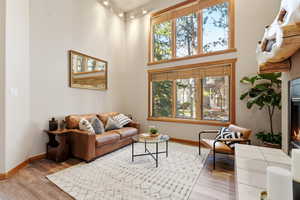 Living room featuring a glass covered fireplace, a high ceiling, and light wood-style floors