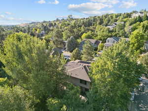 Aerial overview of property's location with nearby suburban area and a forest